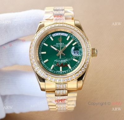 Clone Rolex DayDate Iced Out Watches Yellow Gold Green Dial 40mm